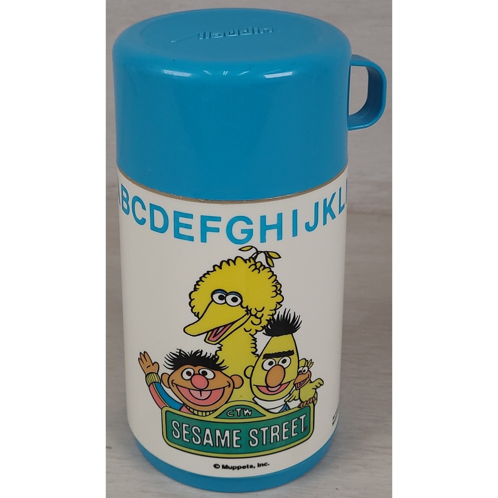 Vintage Aladdin Sesame Street Thermos 8oz Big Bird Ernie Bert Alphabet Blue Cup